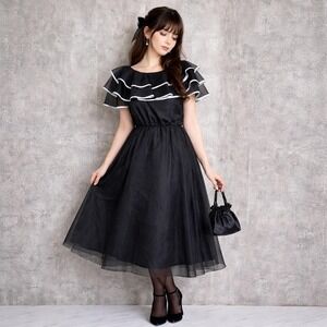 Vintage 80s Joy Stevens Black Organza Ruffle Dress White Trim Midi 10 Cocktail